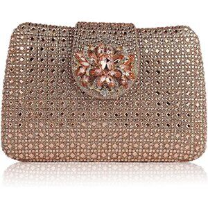 Women's Tan Sparkly Rhinestone Unique Evening Floral Clutch Shoulder Handbag